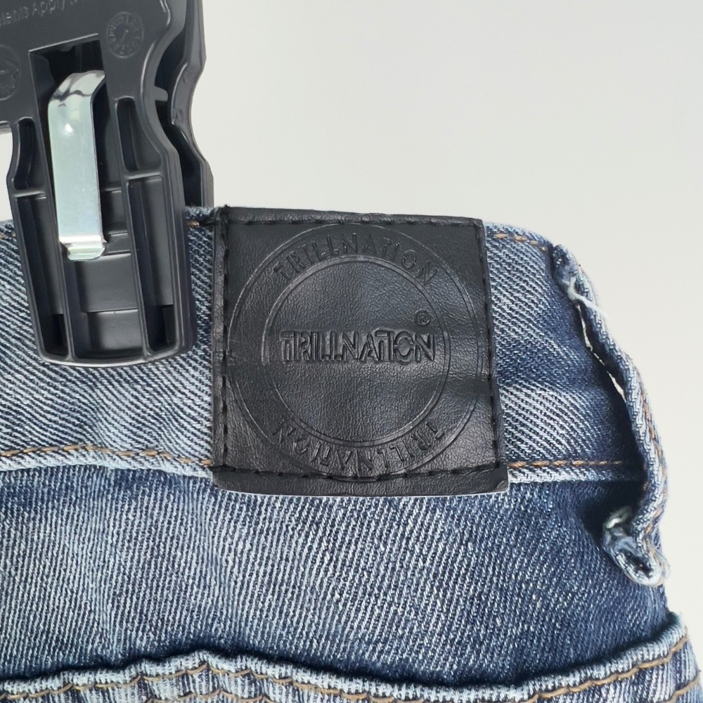 Trill Nation Mens 30x30 Moto Biker Cargo Jeans Distressed Blue Denim Ribbed Knee - Picture 6 of 13
